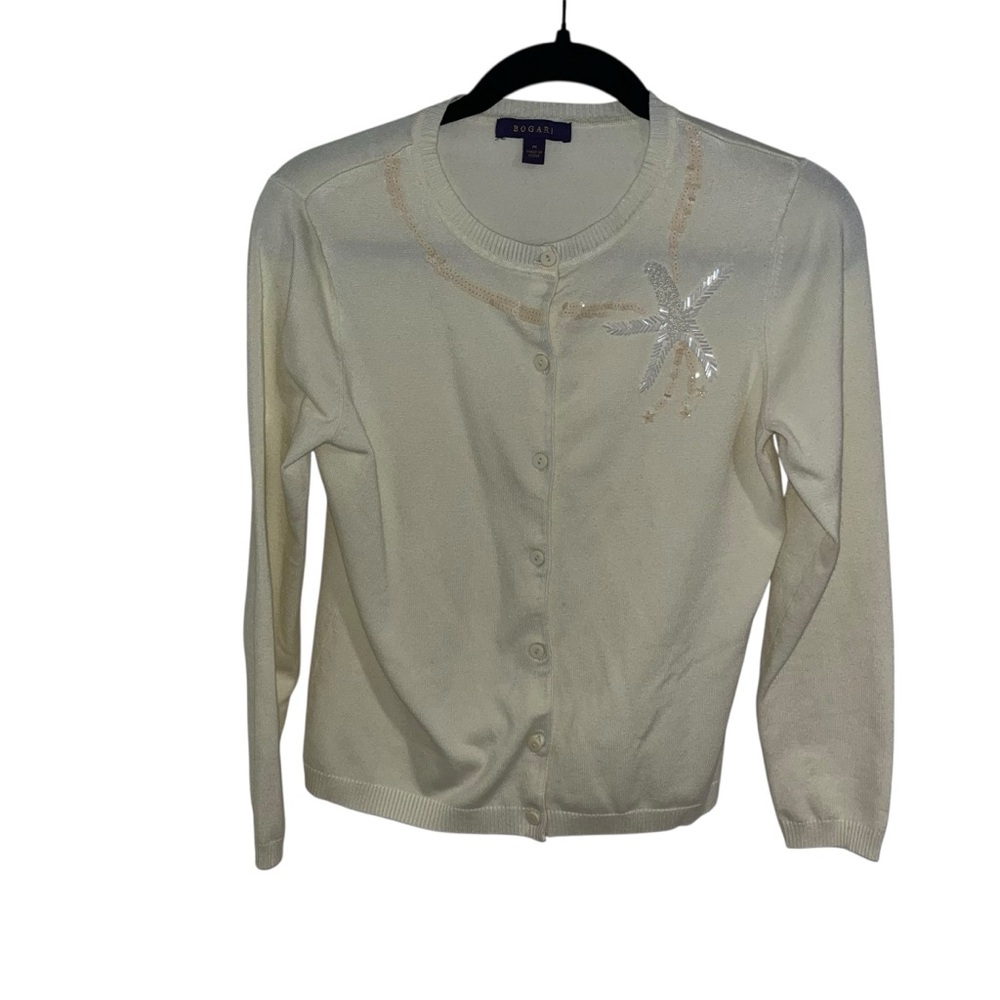 Vintage Bogari White Beaded Sequin Star Embellished Cardigan Sweater M 90s y2k